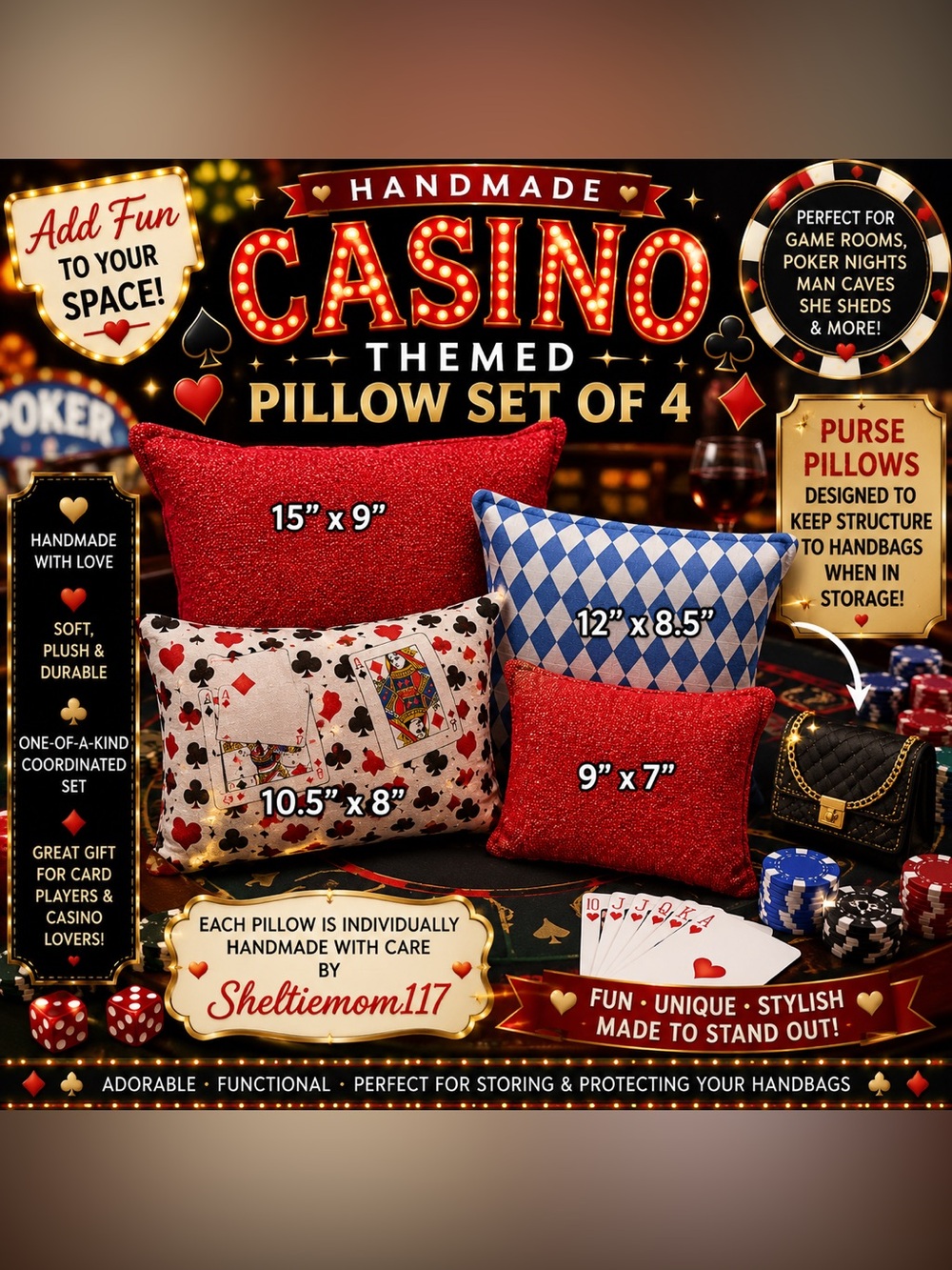 Handmade Casino-Themed Purse Pillow Set of 4 | Poker Cards | Red & Blue